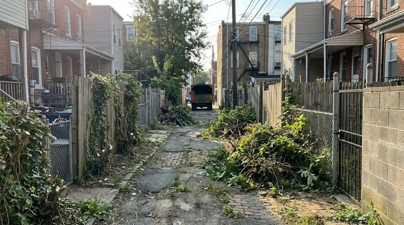 Rowhome back alley half cleared of saplings and vines with cut brush piled up