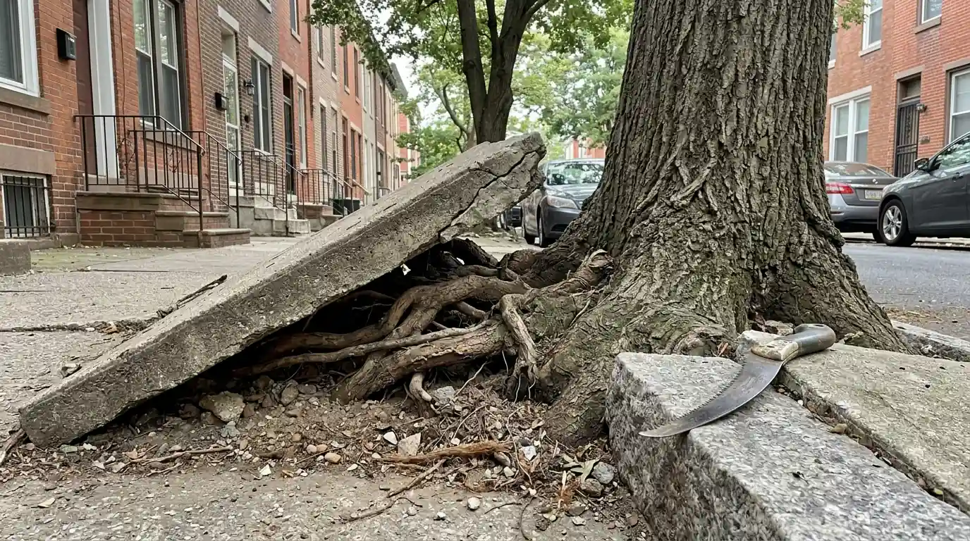 Exposed street tree roots beneath a lifted sidewalk slab