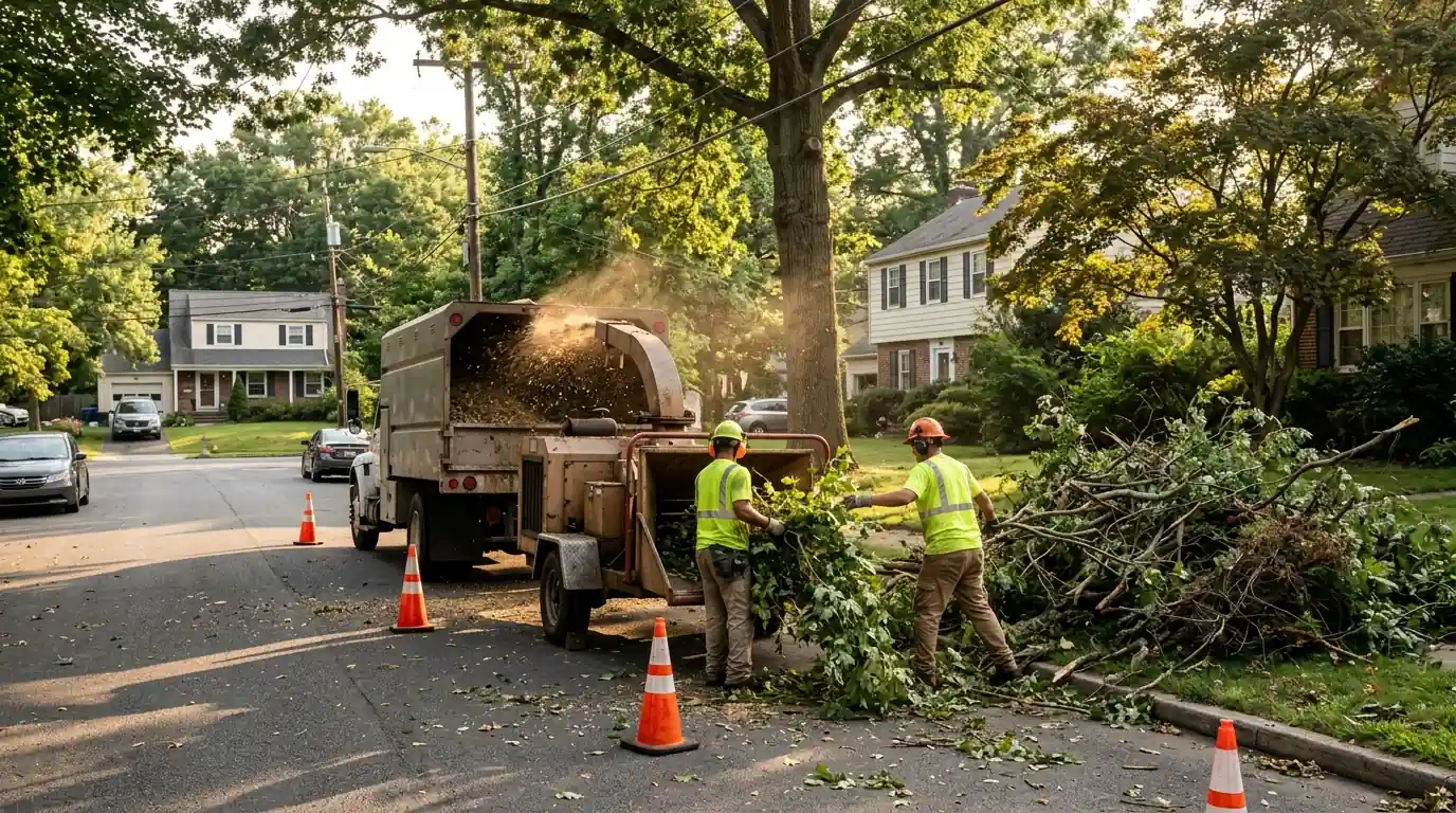 Storm-broken branches from a curbside pile fed into a chipper