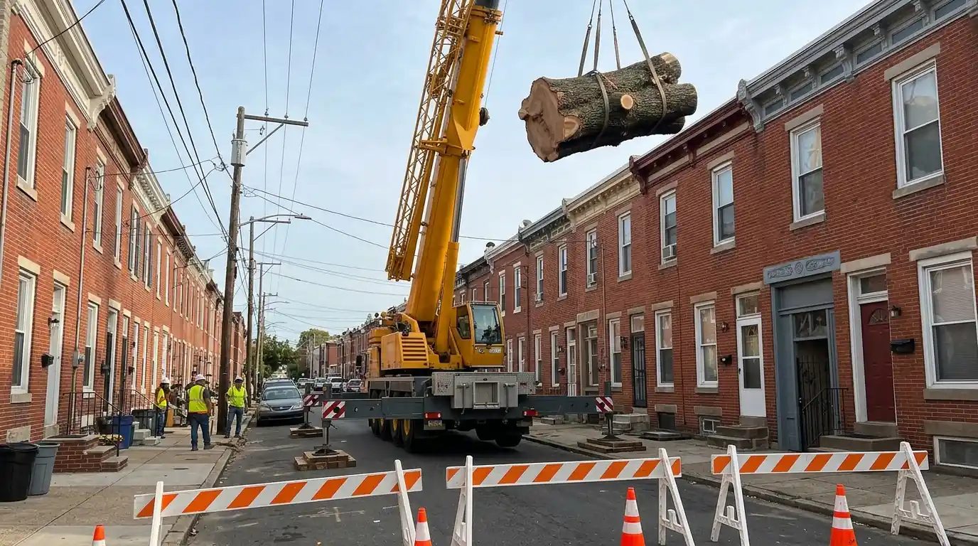 Crane on a closed residential street lifting a trunk section over brick houses