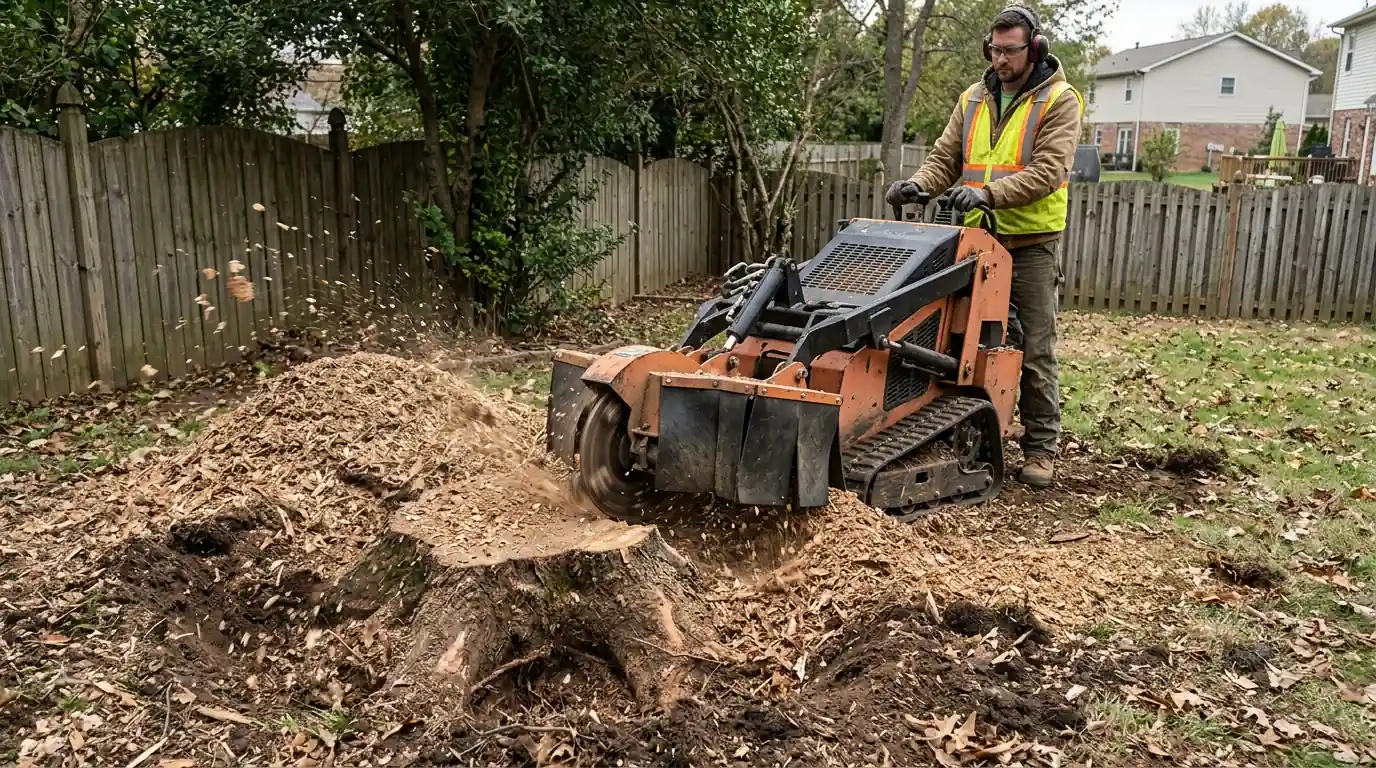 Compact stump grinder cutting an oak stump below grade in a fenced backyard