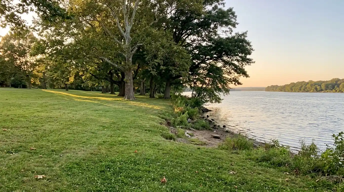 Mature trees along the Delaware River shoreline in Torresdale