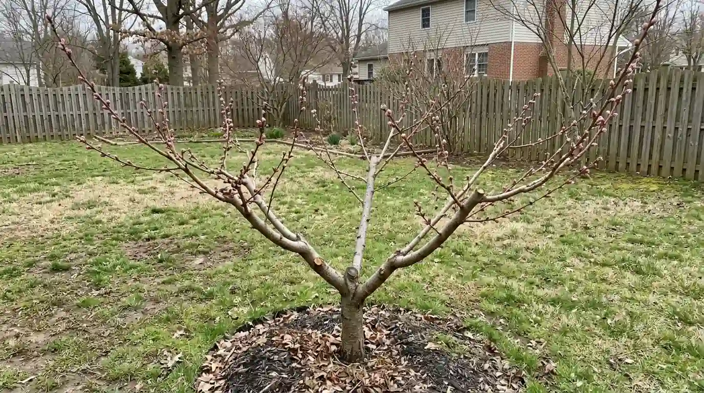 Peach tree pruned to an open vase with three spreading main limbs