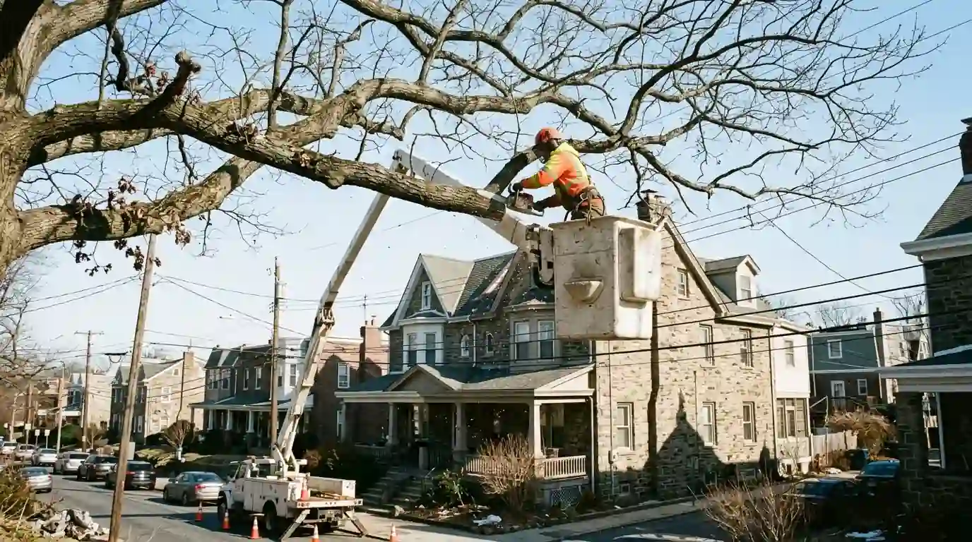 Arborist in a lift shortening a long oak limb above a stone twin house