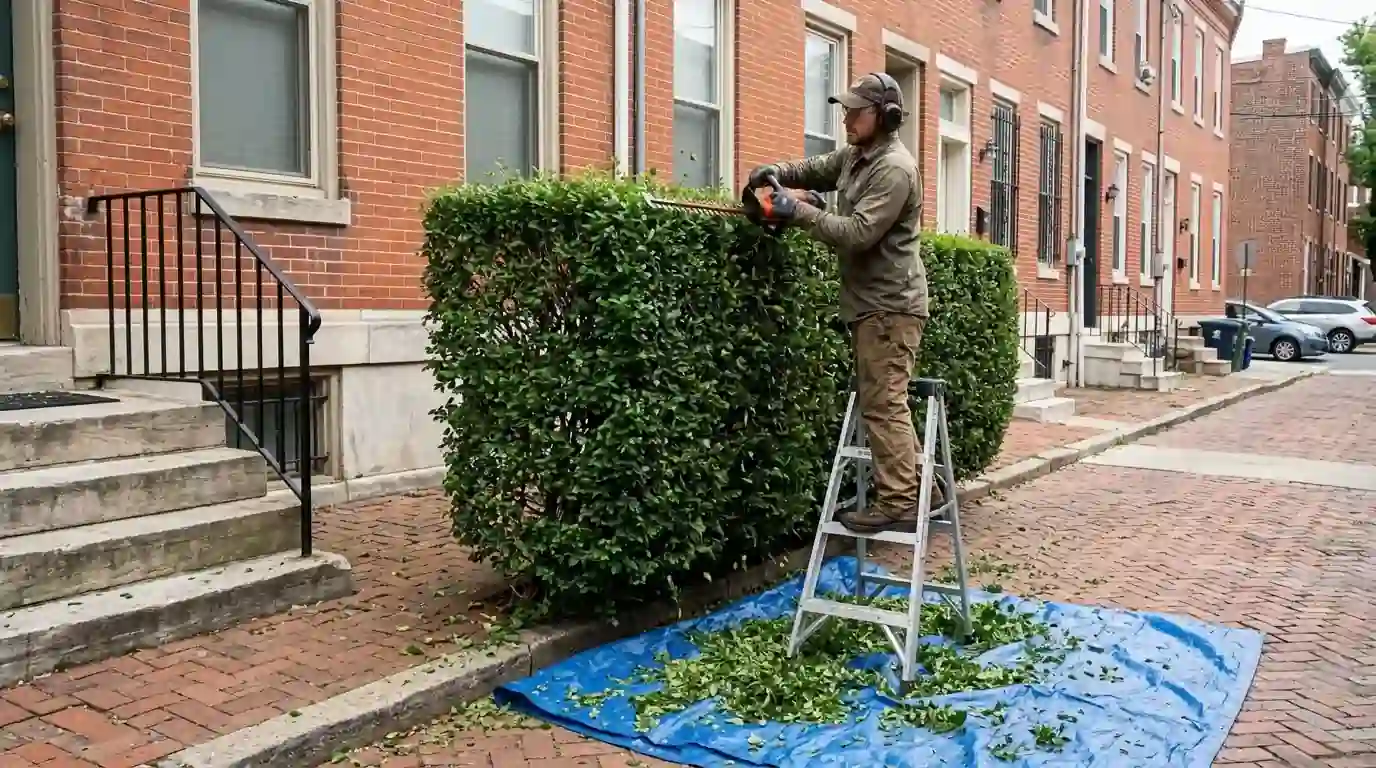 Worker trimming a privet hedge into a tapered line along a rowhome walk