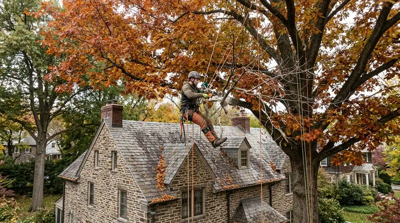 Climber on ropes trimming a large maple over a stone house roof