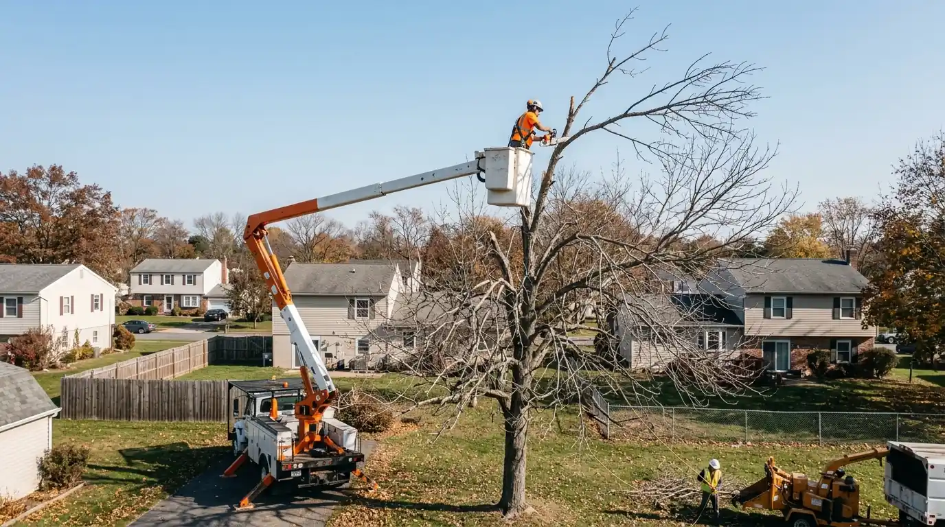 Bucket lift beside a dead ash with bare gray limbs in a suburban yard