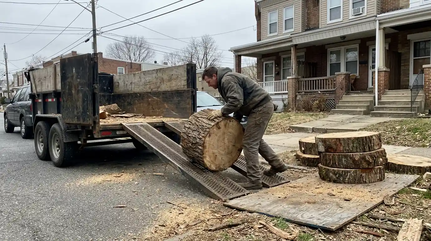 Worker rolling a heavy oak round up a ramp into a dump trailer