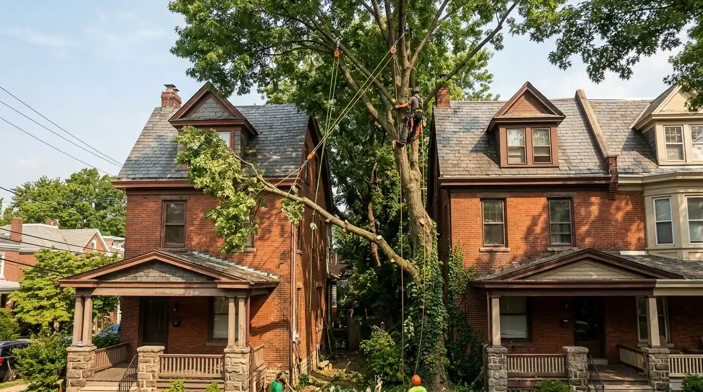 Climber removing a tree between two large brick twin homes, limbs tied off above both roofs