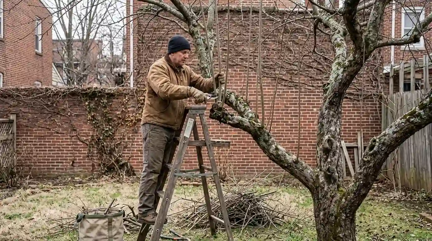 Pruner thinning upright water sprouts from an old apple tree in late winter