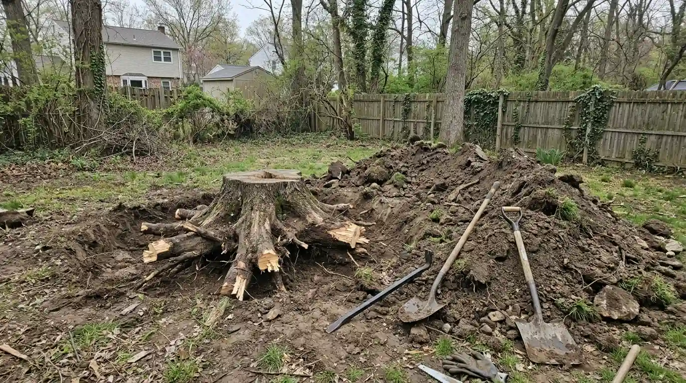 Pit dug around an oak stump with sawn lateral roots exposed