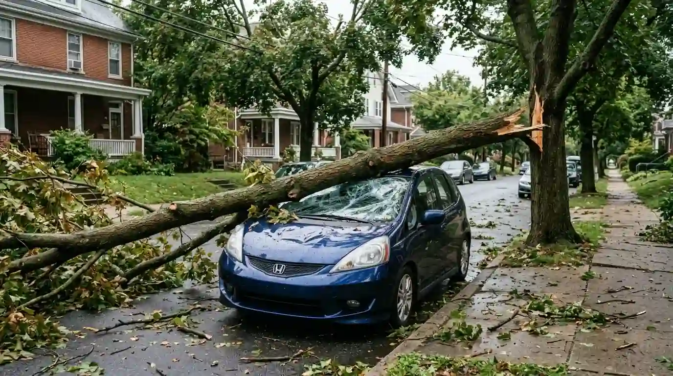 Thick maple limb lying across the hood and windshield of a parked hatchback