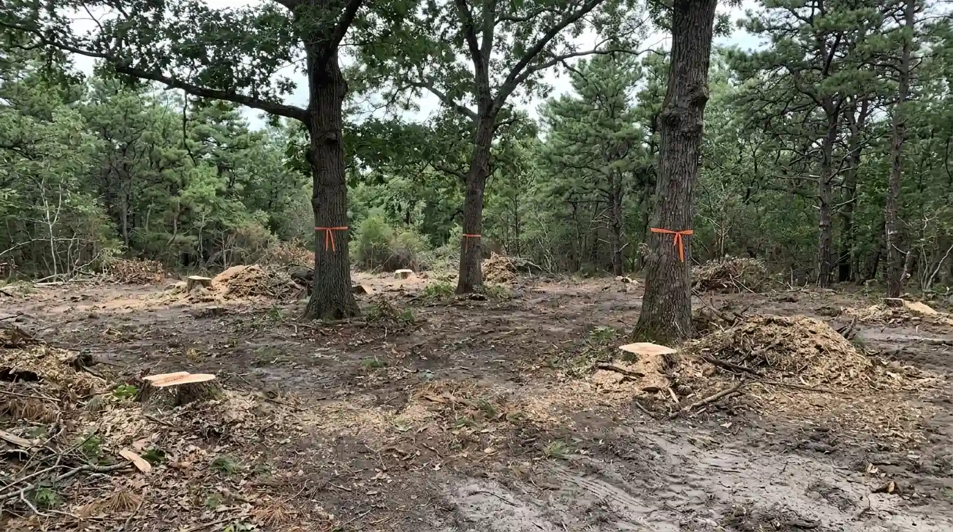 Partly cleared wooded lot with ribboned oaks left standing among fresh stumps