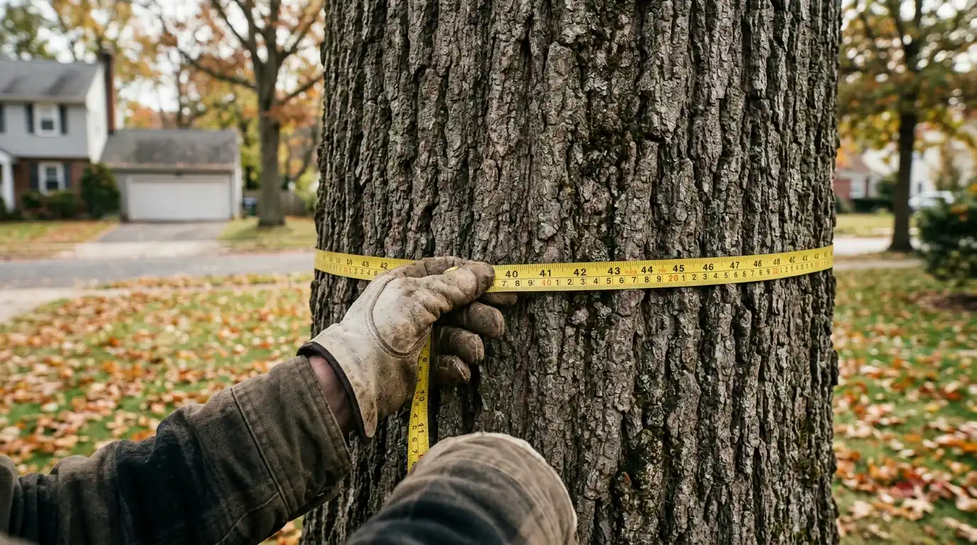 Measuring tape wrapped around an oak trunk at chest height in a suburban front yard