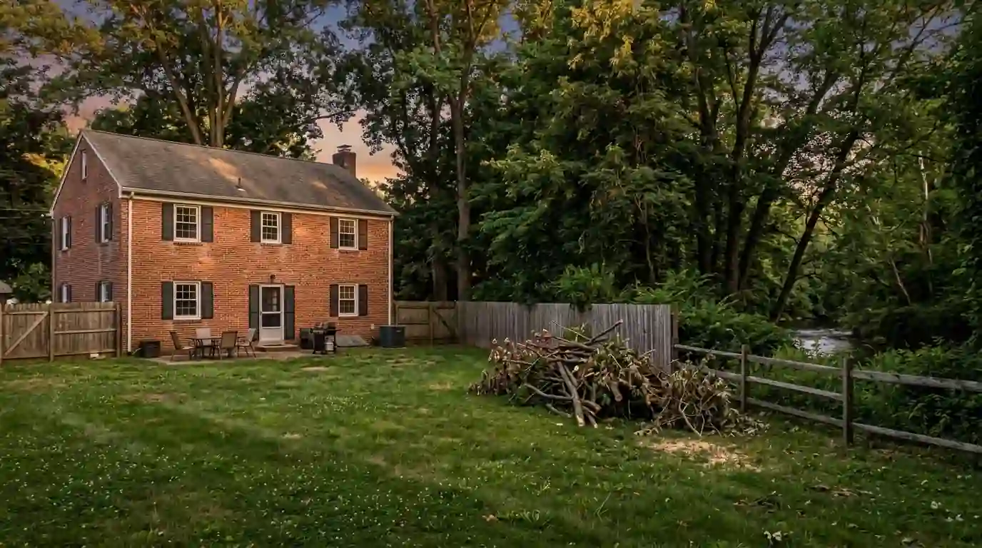 Brick colonial backing onto dense riverside woods, with storm limbs stacked by the fence