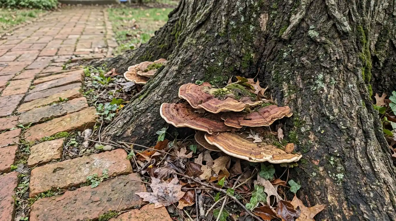 Shelf fungus at the root flare of a mature maple beside a walkway