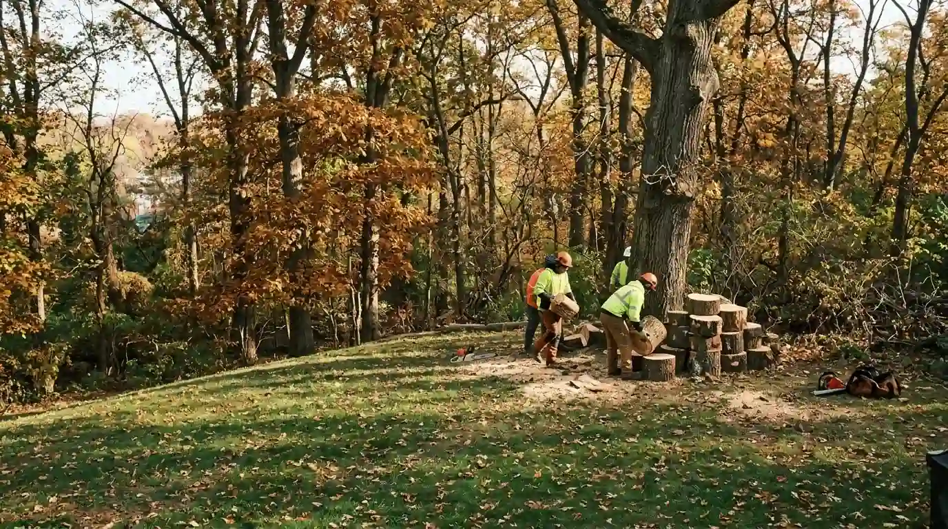 Tree crew stacking cut logs at the top of a sloped back lawn that ends at park woodland