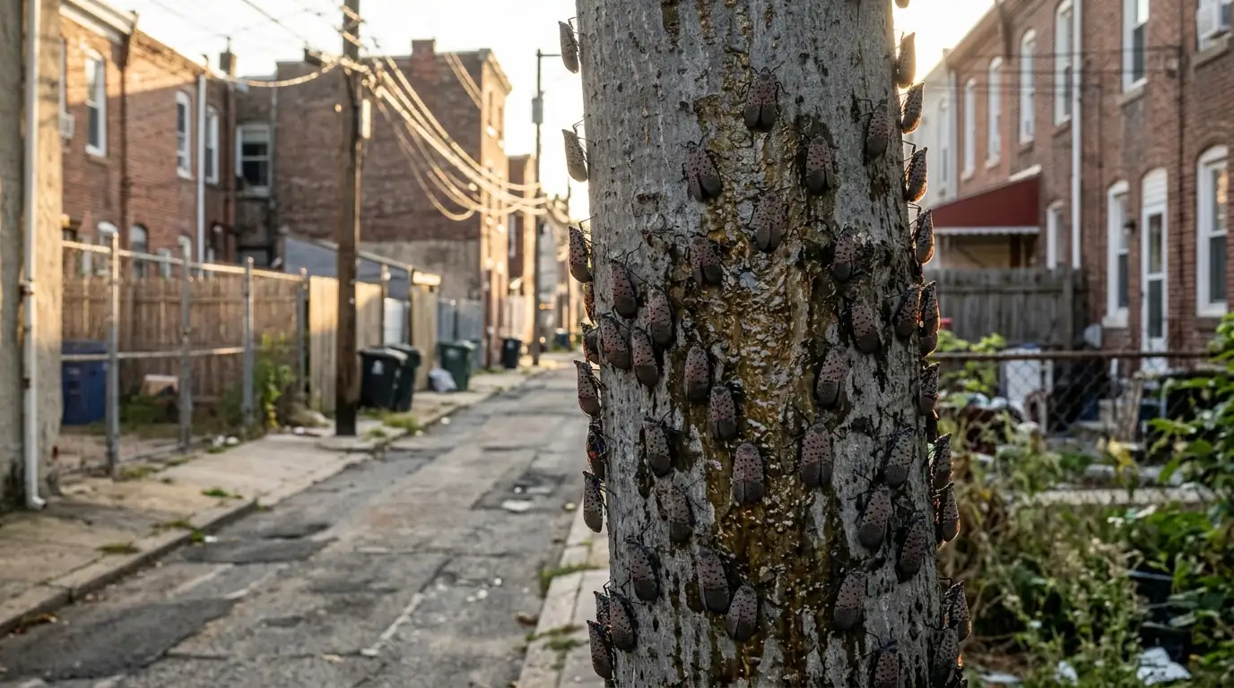 Spotted lanternflies clustered on a tree of heaven trunk beside an alley