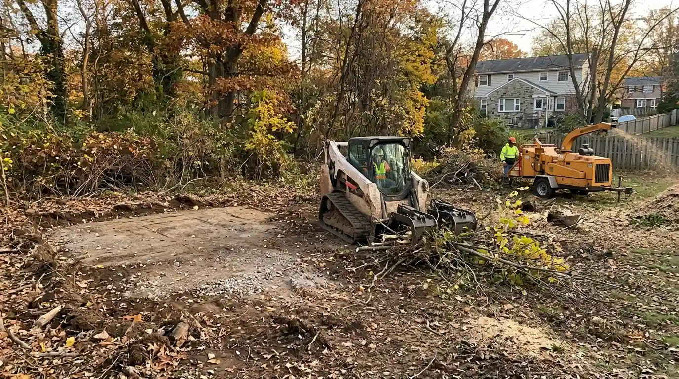 Loader moving cut brush toward a chipper beside a cleared shed pad