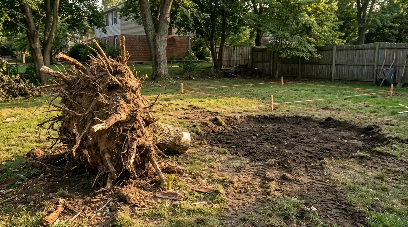 Excavated maple root ball beside a backfilled hole marked out for a patio