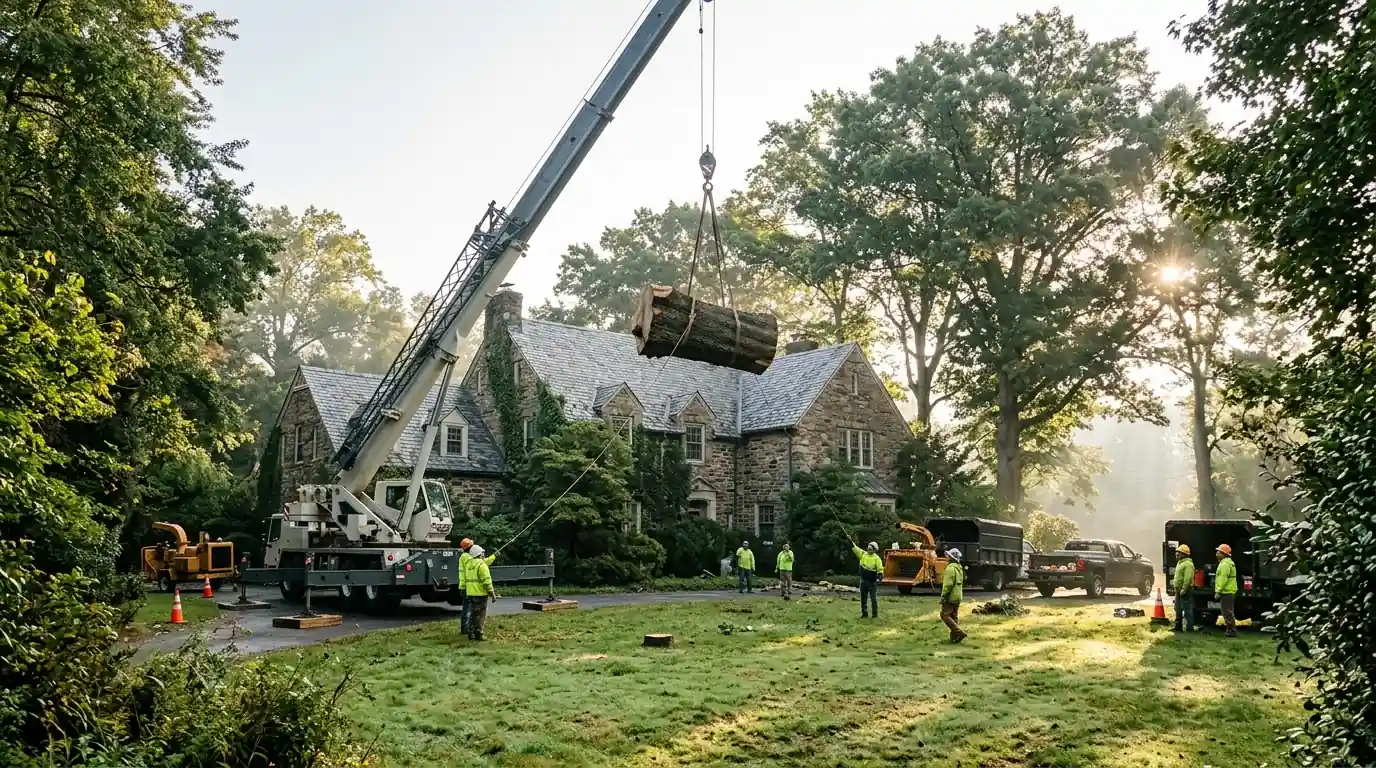 Crane lifting a trunk section over an older stone house in Torresdale