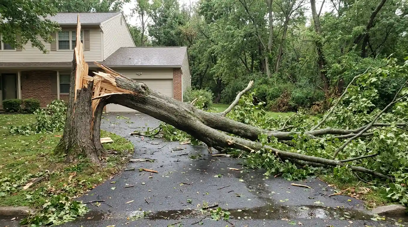 Split maple across a suburban driveway with a wooded creek line behind the house