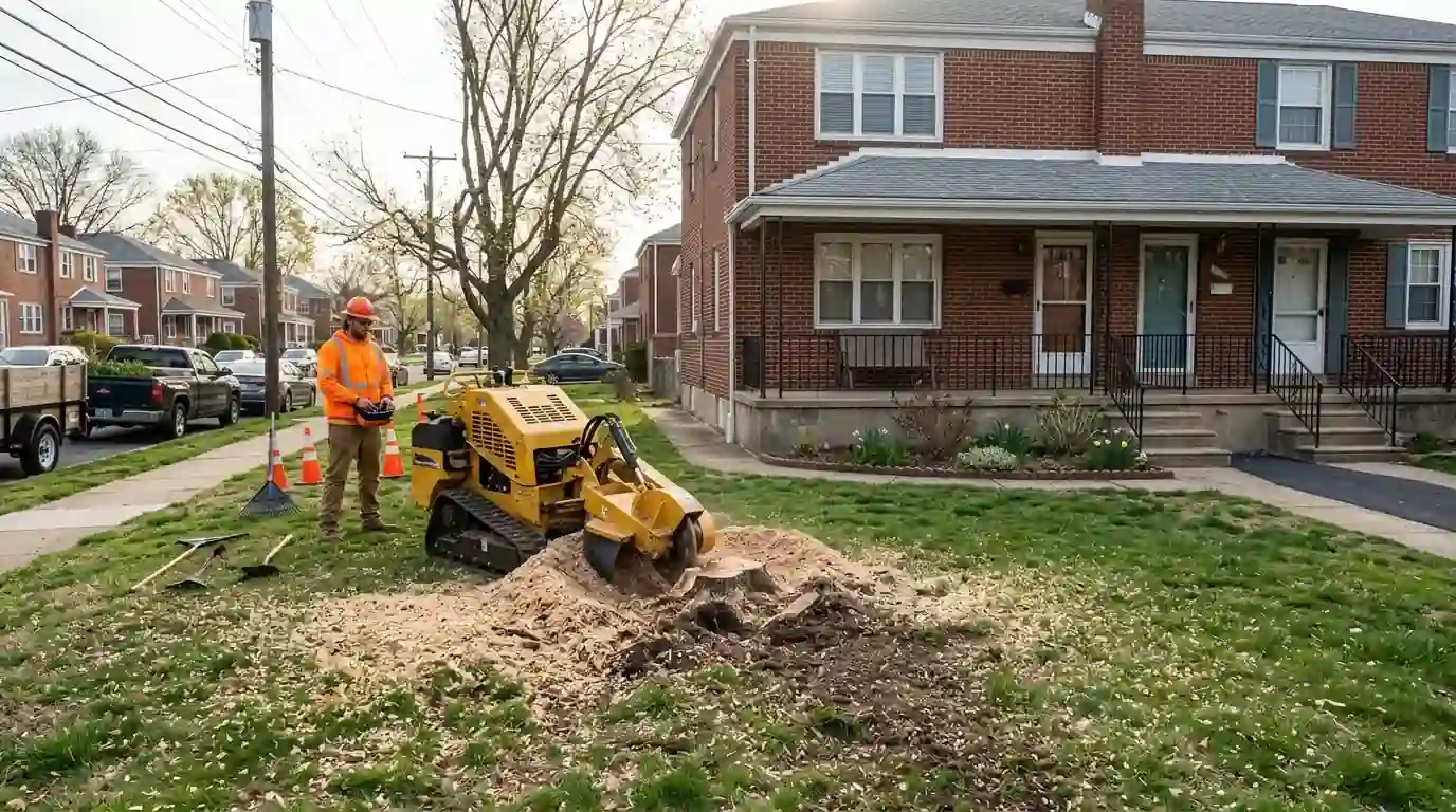 Stump grinder cutting a stump in the front lawn of a postwar Somerton twin