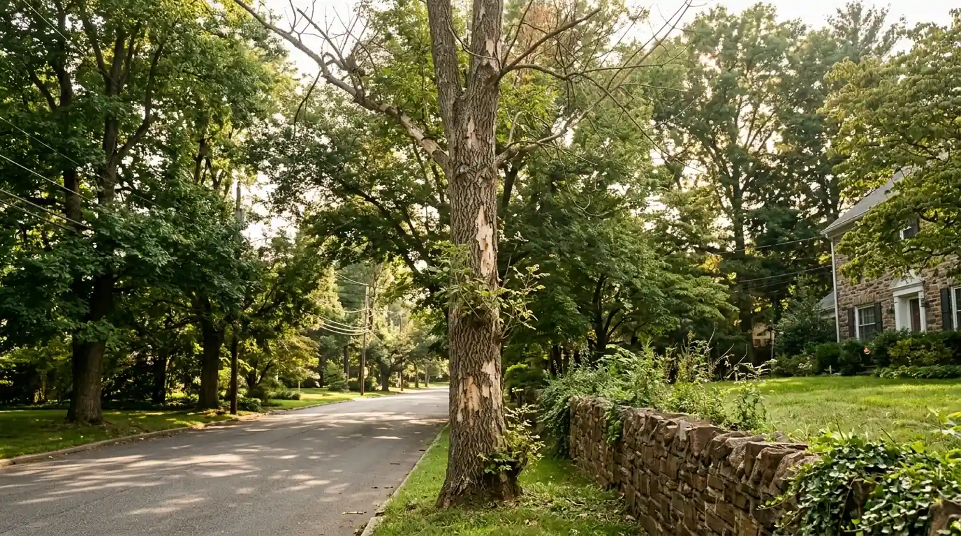 Ash tree with a thinning upper crown and flaking bark on a quiet tree-lined street