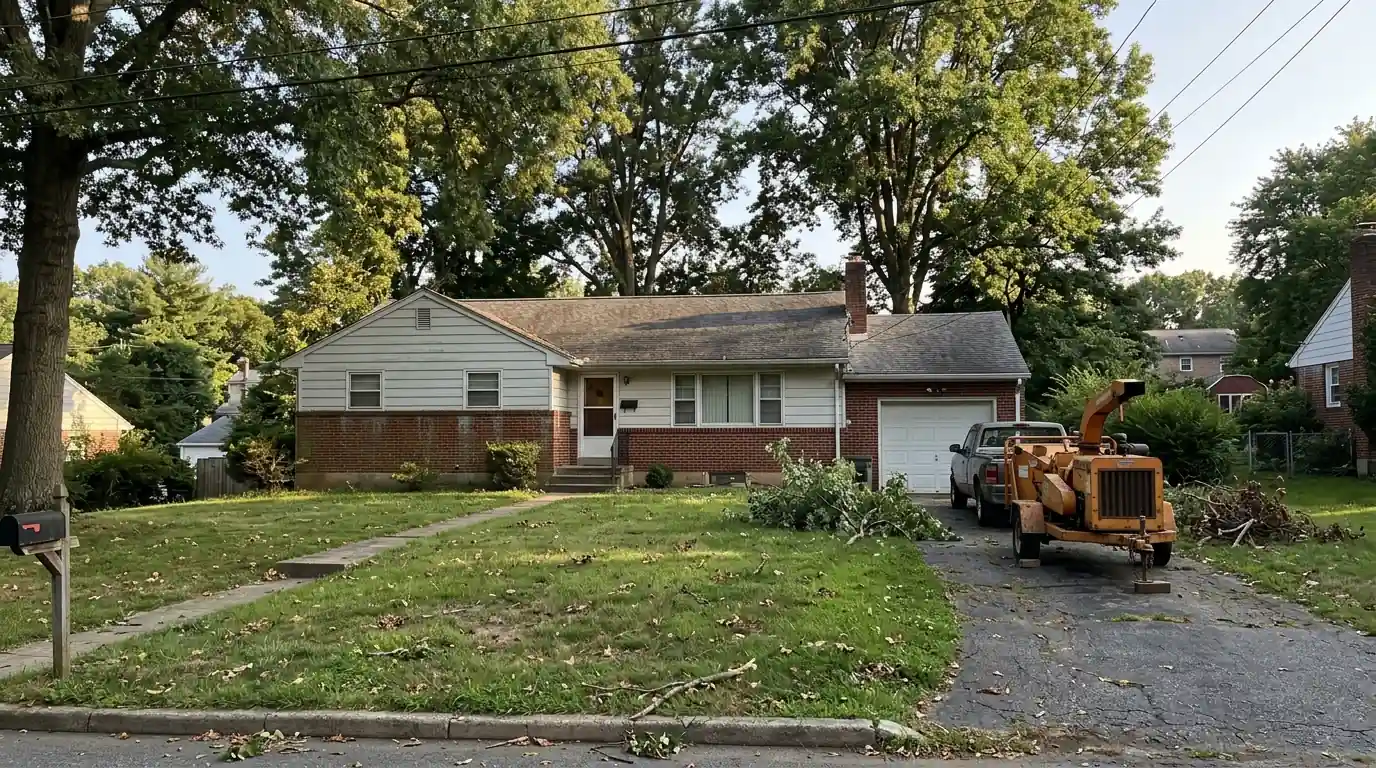 Wood chipper in the driveway of a house with a wide lawn and tall shade trees