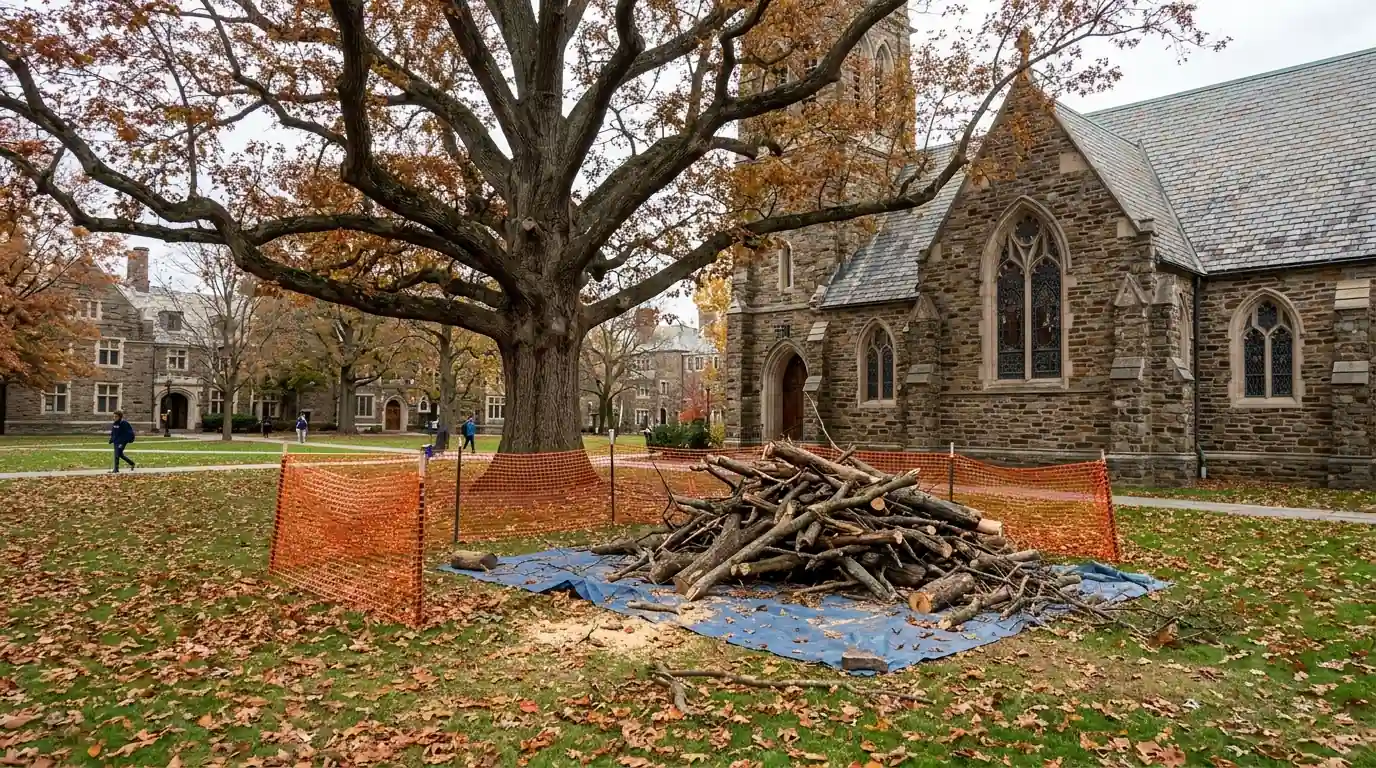 Old oak beside a stone church with a fenced drop zone and cut deadwood