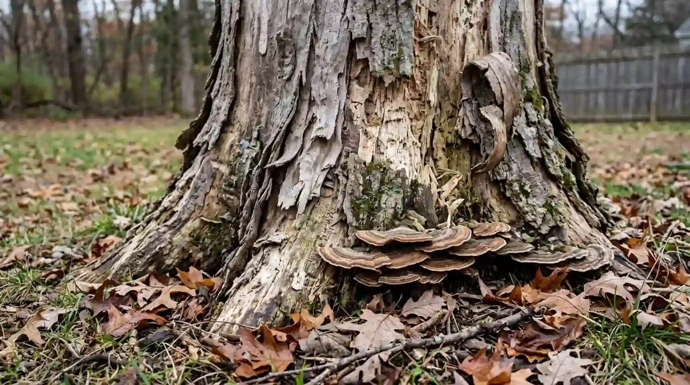 Dead tree trunk with bark peeling in sheets and shelf fungus at the base