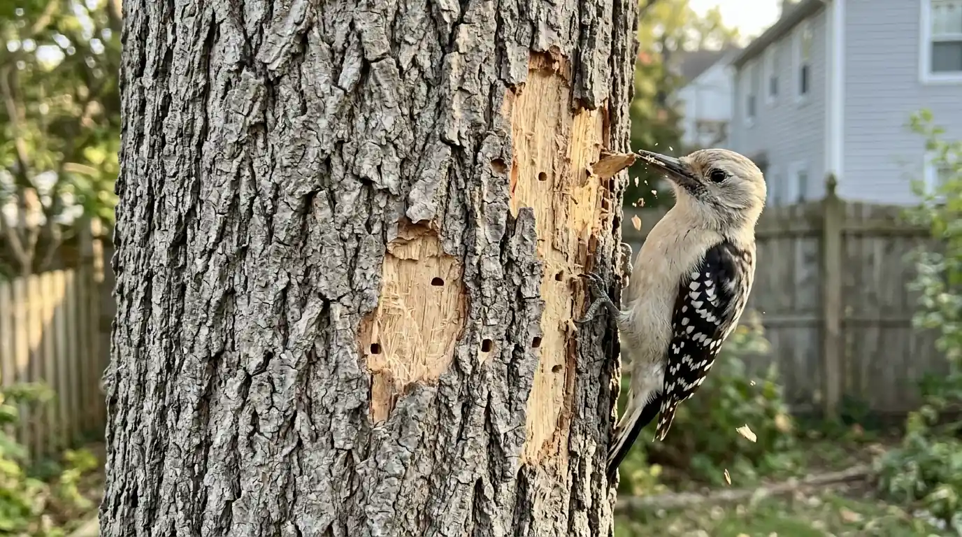 Ash bark with pale woodpecker flaking and small D-shaped exit holes