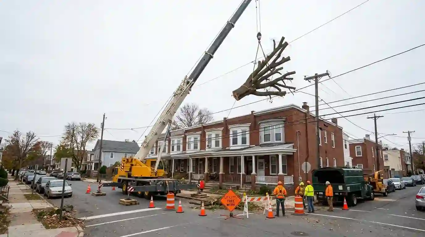 Crane lifting a tree section over brick houses on a Philadelphia street