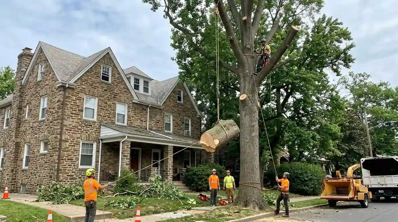Tree crew lowering a cut trunk section on a rope beside a stone twin house