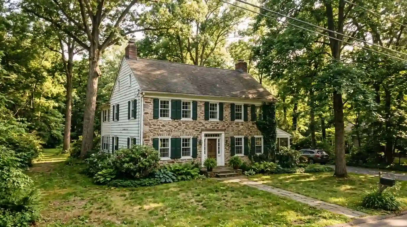 Colonial house under tall oaks in suburban Bucks County