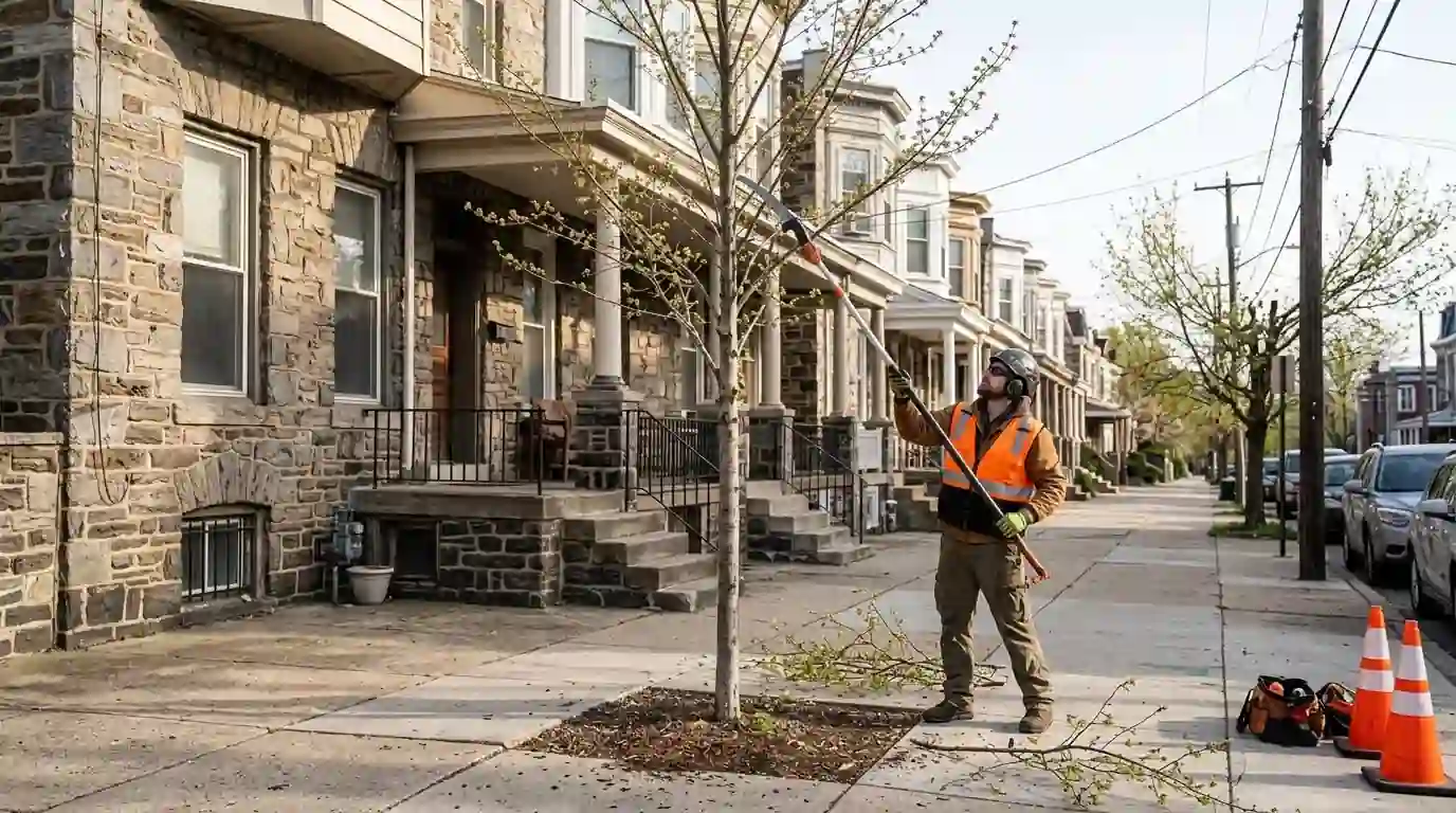 Arborist pruning a young street tree in front of old stone row houses