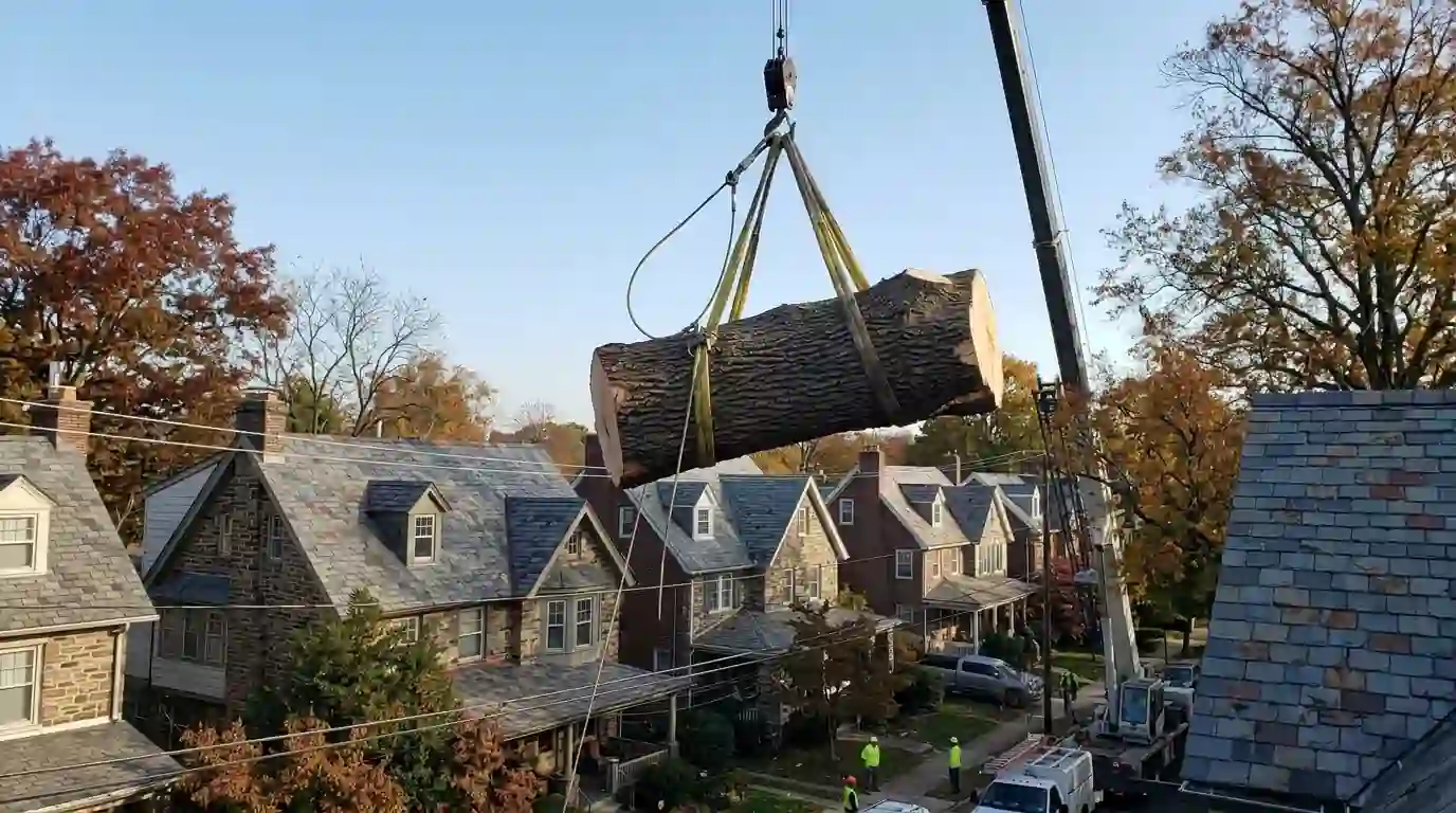 Large oak trunk section hanging from a crane sling above slate roofs