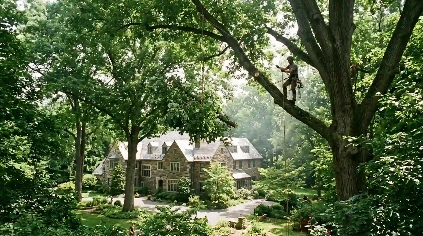 Climber lowering a heavy limb from a very tall shade tree above a large house
