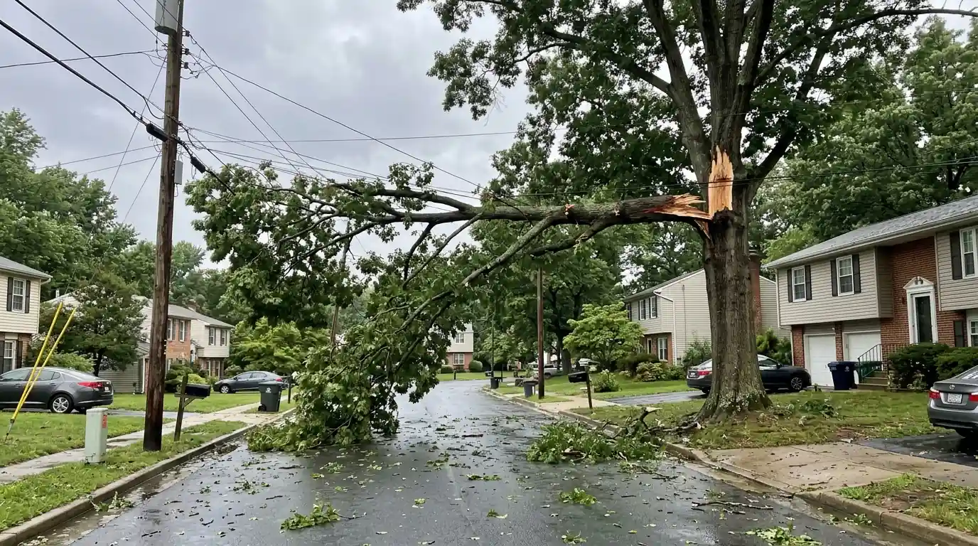 Broken oak limb resting on overhead wires above a suburban street after a storm