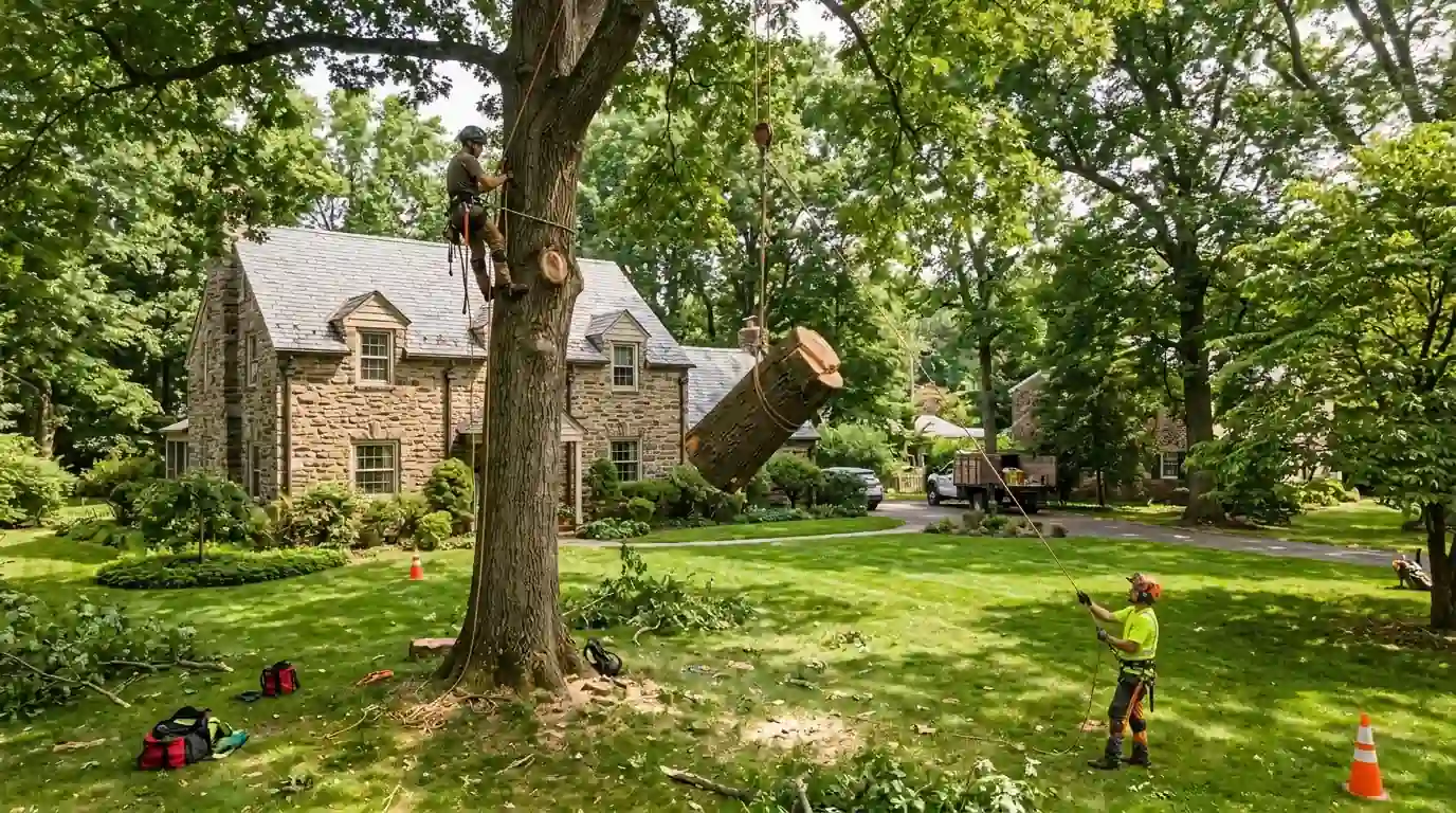 Climber lowering a trunk section on a rope beside an older stone house in Fox Chase