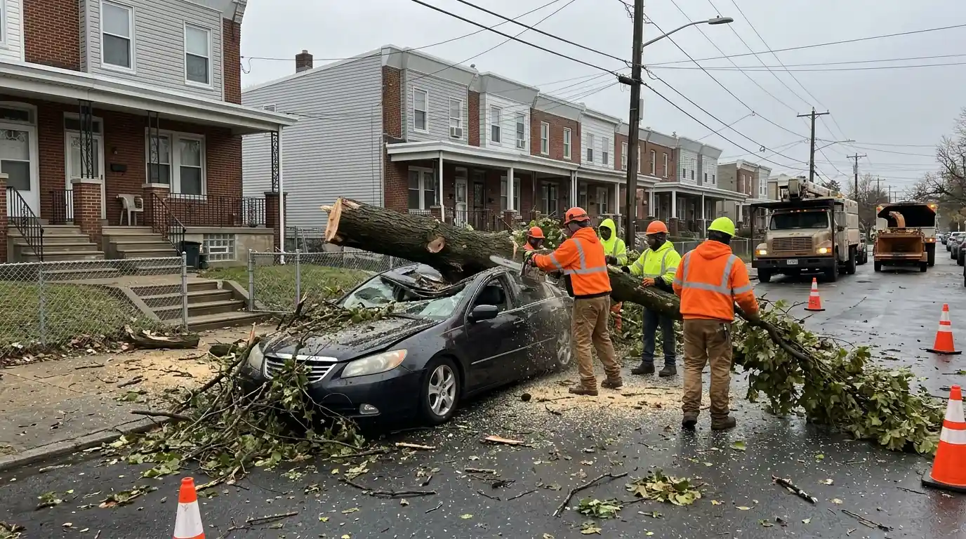 Tree crew cutting a fallen trunk off a parked car in Holmesburg