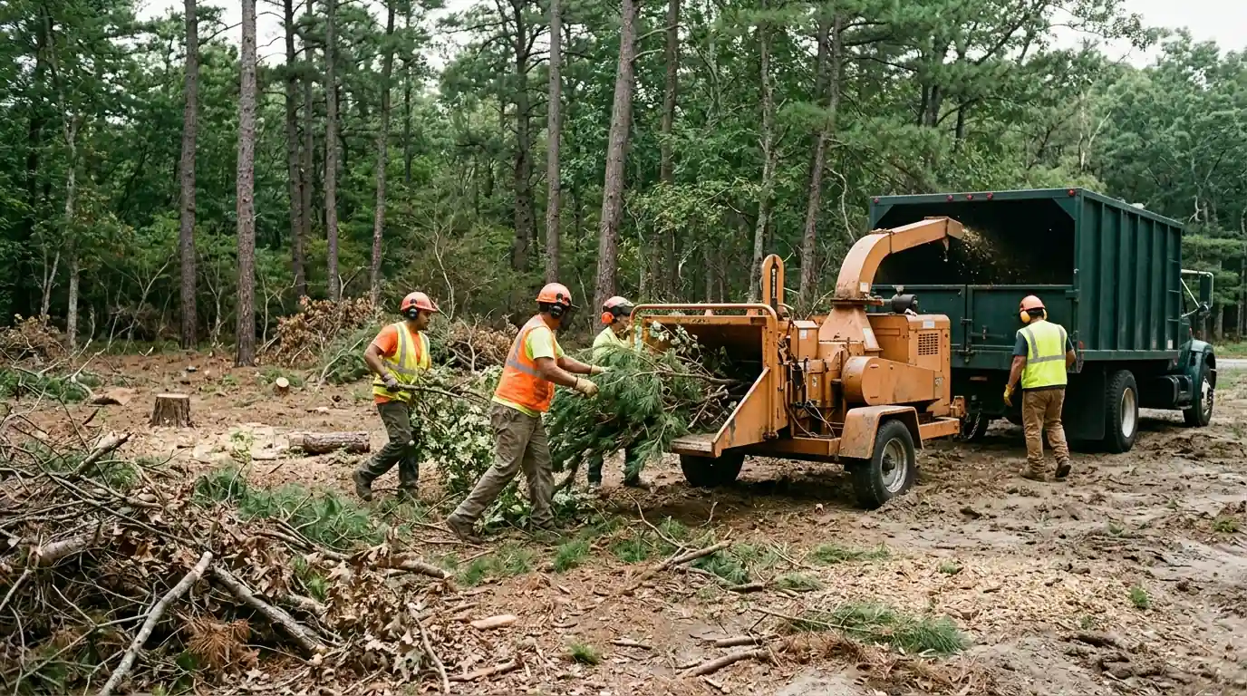 Partly cleared wooded lot with a few mature oaks left standing and wood chips spread on the ground