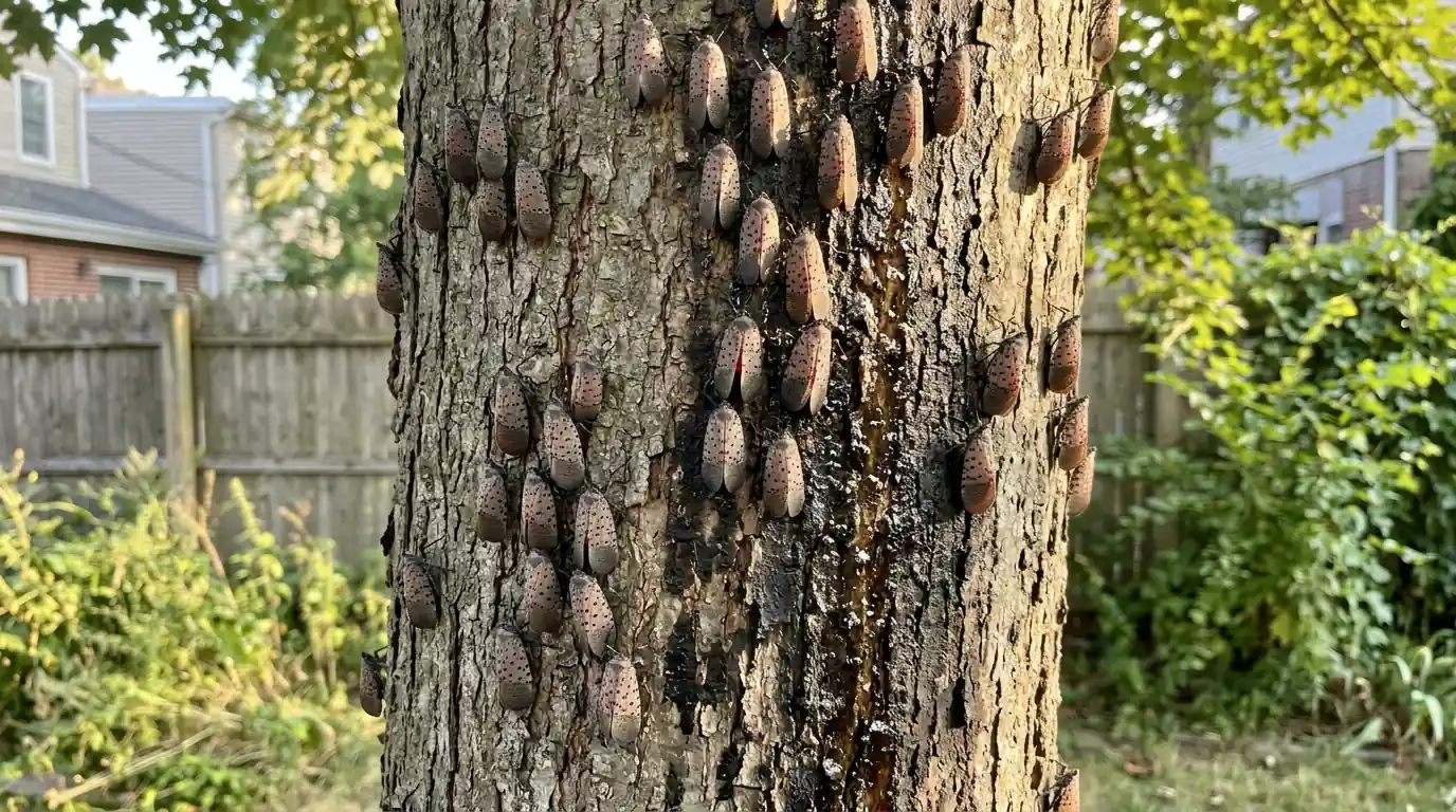 Spotted lanternfly adults clustered on a red maple trunk