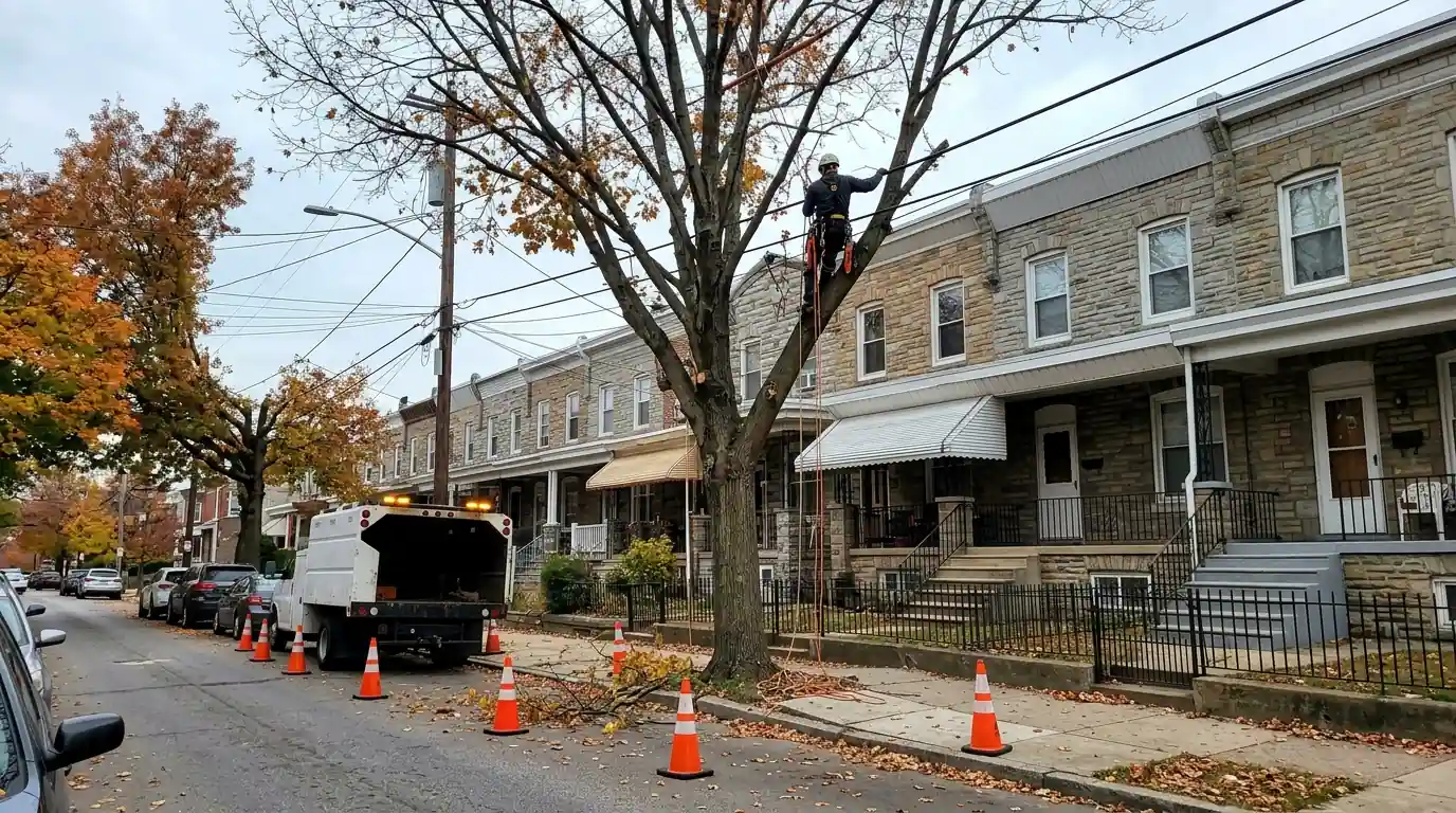 Climber pruning a sidewalk tree in front of a stone rowhome in Mayfair