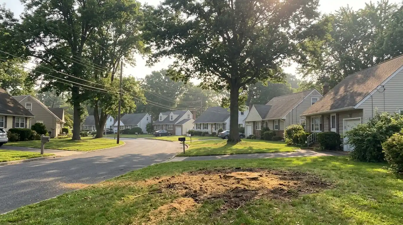 Row of similar postwar homes under tall shade trees with a freshly ground stump in one lawn