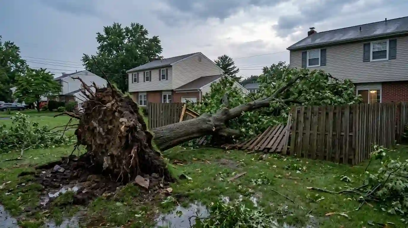 Uprooted oak with its root plate tipped up across a fenced South Jersey backyard