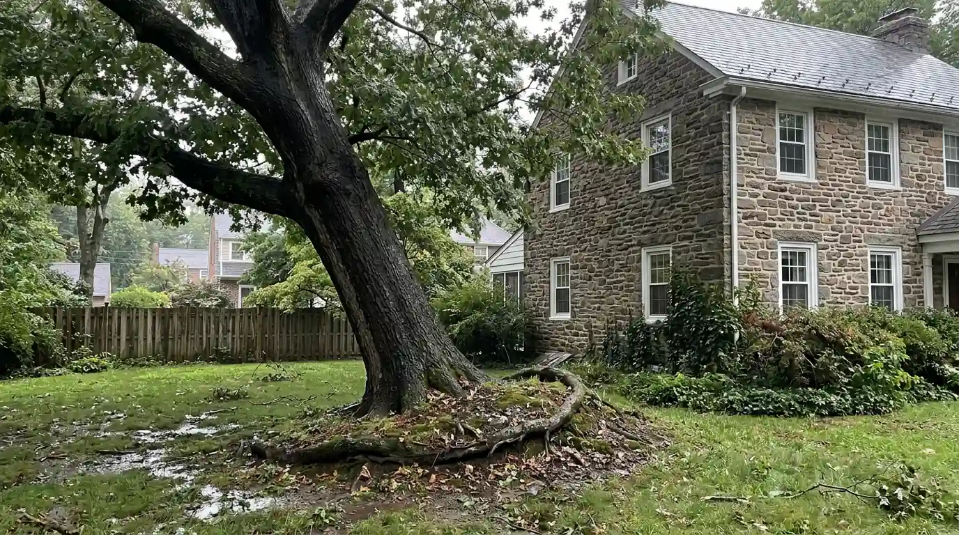 Mature oak leaning toward a stone house with cracked raised soil at its base