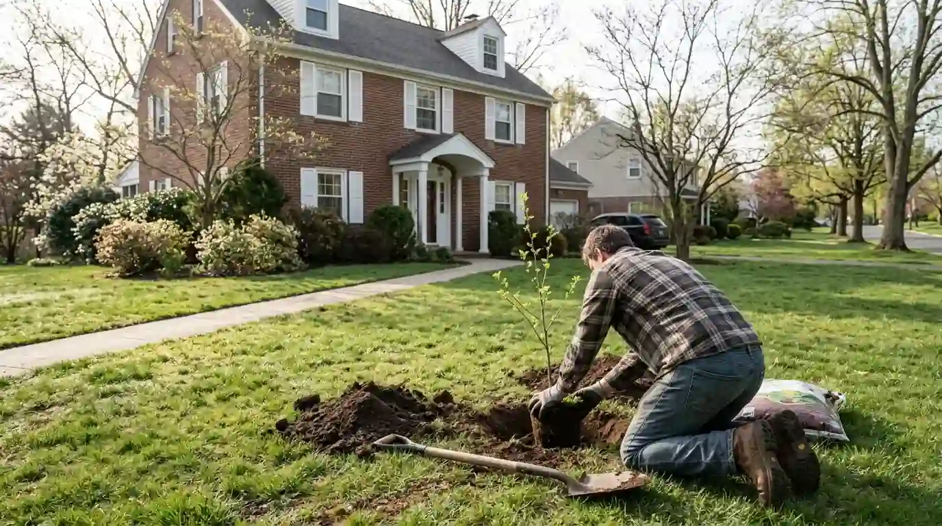 Homeowner seen from behind planting a young sapling in a front lawn