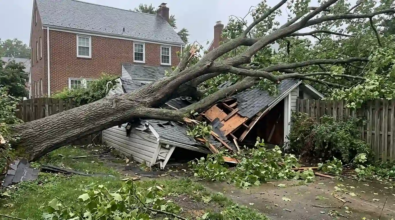 Fallen tulip poplar resting across the crushed roof of a detached garage
