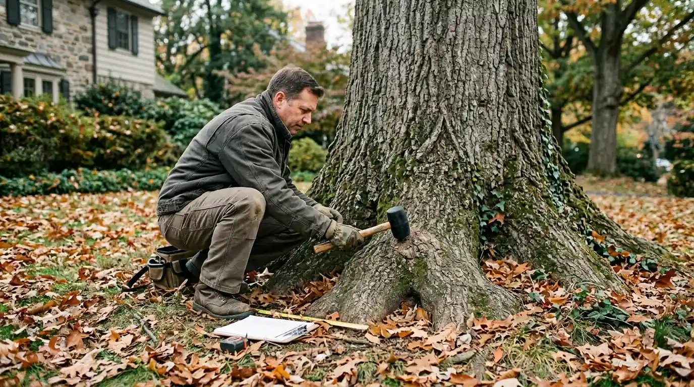 Inspector tapping the base of a large oak with a mallet